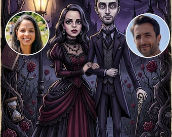 Custom Gothic Family Portrait with Pets, Addams Style Couple,Personalized Halloween Wall Art, Custom Gothic Family Portrait with Pets,Custom