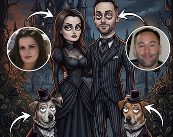 Custom Gothic Family Portrait with Pets, Addams Style Couple,Personalized Halloween Wall Art, Custom Gothic Family Portrait with Pets,Custom