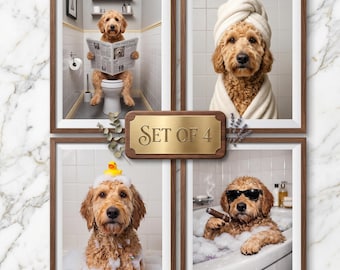 Custom Pet Portrait Bathroom Art,Set Of 4 Poster,Dog Reading Newspaper on Toilet,Dog Wall Art,Pet in Bathtub,Personalized Bathroom Art