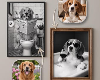 Custom Pet Portrait Bathroom Art,Dog Reading Newspaper on Toilet,Dog Wall Art,Pet in Bathtub,Personalized Bathroom Art,Funny Bathroom Art