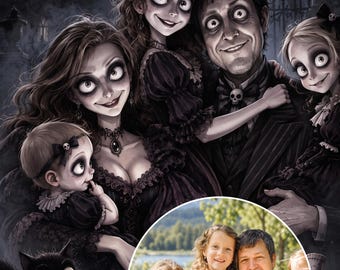 Custom Gothic Family Portrait with Pets, Addams Style Couple,Personalized Halloween Wall Art, Custom Gothic Family Portrait with Pets,Custom