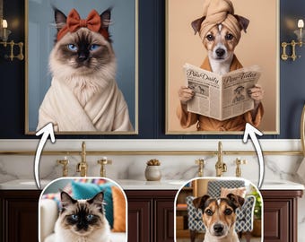 Custom Pet Portrait Bathroom Art,Funny Bathroom Art,Dog Reading Newspaper on Toilet,Dog Wall Art,Pet in Bathtub,Personalized Bathroom Art