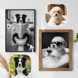 Custom Pet Portrait Photo,Funny Bathroom Art,Dog Reading Newspaper on Toilet,Dog Wall Art,,Pet in Bathtub,Pet Owner Gift,Custom Pet Portrait
