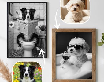 Custom Pet Portrait Bathroom Art,Funny Bathroom Art,Dog Reading Newspaper on Toilet,Dog Wall Art,Pet in Bathtub,Personalized Bathroom Art