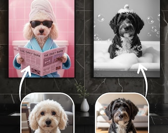 Benutzerdefinierte Badezimmer Haustier Porträt,lustige Badezimmer Kunst,Hund liest Zeitung auf Toilette,Hund Wandkunst,Haustier in der Badewanne,Tierbesitzer Geschenk,Hund auf Toilette