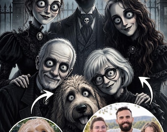 Custom Gothic Family Portrait with Pets, Addams Style Couple,Personalized Halloween Wall Art, Custom Gothic Family Portrait with Pets,Custom