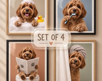 Custom Pet Portrait Bathroom Art Set, 4 Funny Dog Wall Posters,Custom Pet Portrait,Custom Bathroom Wall Art,Custom Bathroom Pet Portrait