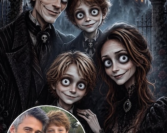 Custom Gothic Family Portrait with Pets, Addams Style Couple,Personalized Halloween Wall Art, Custom Gothic Family Portrait with Pets,Custom