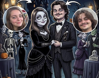 Custom Gothic Family Portrait with Pets, Addams Style Couple,Halloween Custom Cartoon,Custom Family Cartoon,Custom Halloween Portrait Photo
