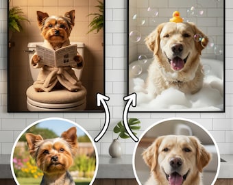 Custom Pet Portrait Bathroom Art,Funny Bathroom Art,Dog Reading Newspaper on Toilet,Dog in Bathtube,Cat Bathroom Art,Dog on Toilet