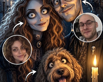 Custom Gothic Family Portrait with Pets, Addams Style Couple,Personalized Halloween Wall Art, Custom Gothic Family Portrait with Pets,Custom