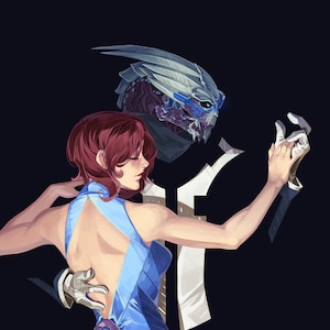 May include: A woman in a blue dress with a purple train dances with a blue and grey alien. The text "THERE IS NO SHEPARD WITHOUT VAKARIAN" is printed below them.