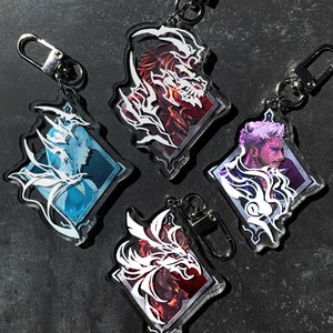 May include: Four acrylic keychains featuring different characters from a video game. Each keychain has a white outline of a character with a red, blue, or purple background. The keychains are attached to silver key rings.