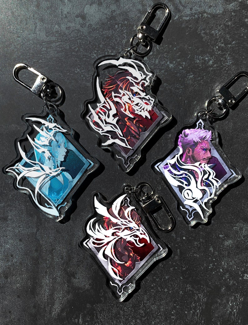 May include: Four acrylic keychains featuring different characters from a video game. Each keychain has a white outline of a character with a red, blue, or purple background. The keychains are attached to silver key rings.
