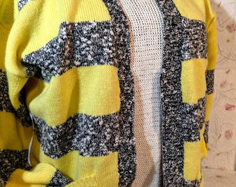 80s Espirit Sport Cotton Cardigan/V Neck Zip/Summery Black Yellow Stripe/Size Large/100percent Cotton/Two Pockets/All Occasions