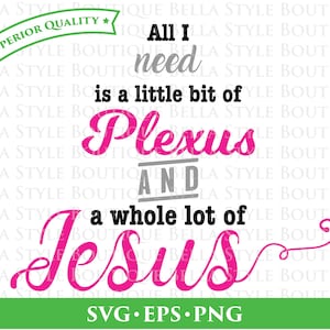 May include: A graphic design with the text "All I need is a little bit of Plexus AND a whole lot of Jesus" in pink, gray, and black. The design includes a green banner with "SVG • EPS • PNG".