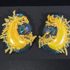 Tropical Sunburst Beaded Earrings Funky, Weird, Vivid Yellow and Aquamarine Blue Bead Embroidery Upcycled Jewelry image 1