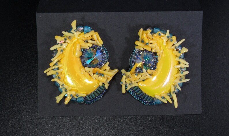 Tropical Sunburst Beaded Earrings Funky, Weird, Vivid Yellow and Aquamarine Blue Bead Embroidery Upcycled Jewelry image 1