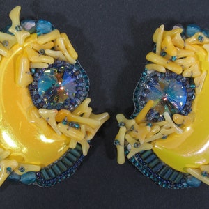 Tropical Sunburst Beaded Earrings Funky, Weird, Vivid Yellow and Aquamarine Blue Bead Embroidery Upcycled Jewelry image 3