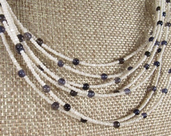 Pale Cream and Iolite Blue 7 Strand Necklace