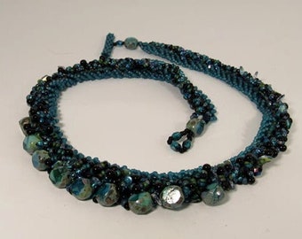 Decadent Black and Aqua Blue Beaded Necklace with Hand-made Sliced Glass Beads