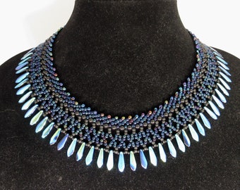 Elegant Collar Necklace With Dagger Fringe Beads Black and Iridescent Blue Beaded St Petersburg and Netting Bead Weaving