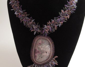 Lovely in Lepidolite -- Beaded Necklace with Lepidolite Pendant and Fringe