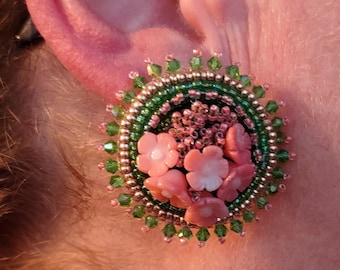 Beaded Pink Coral Flower and Swarovski Crystal Earrings--A Little Burst of Spring