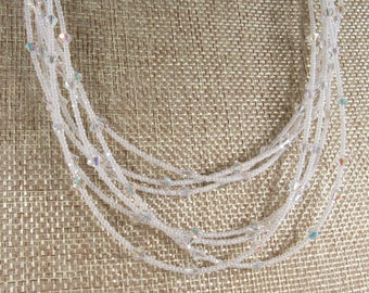 Pearlescent White Bridal Wedding 7 Strand Necklace Swarovski Crystal AB