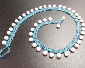 Snowdrops Beaded Necklace Blue with White Freshwater Pearls Bead Weaving