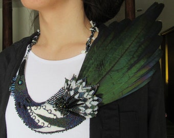 Stylized Magpie Bead Embroidery Statement Piece with Genuine Magpie Tail Bib Necklace Black and White