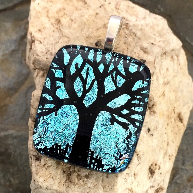 SALE Tree Dichroic Pendant Necklace, Beautiful Turqoise Blue Hand Etched Glass Art image 1