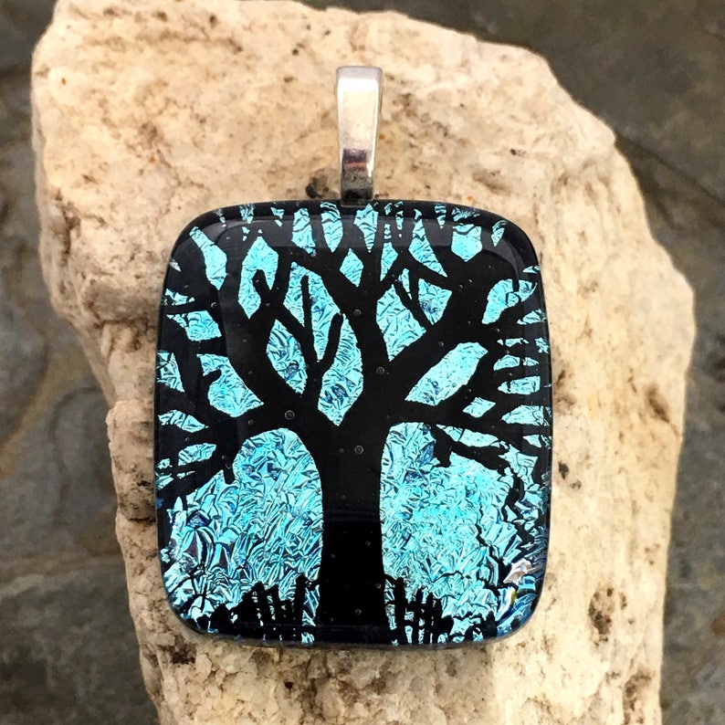 SALE Tree Dichroic Pendant Necklace, Beautiful Turqoise Blue Hand Etched Glass Art image 2