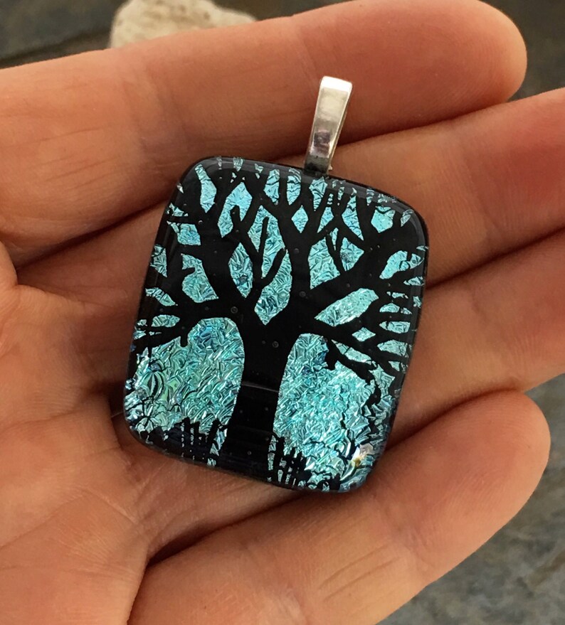 SALE Tree Dichroic Pendant Necklace, Beautiful Turqoise Blue Hand Etched Glass Art image 3