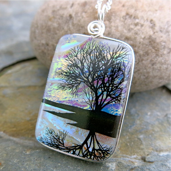 Reflection Tree Fused Dichroic Glass Pendant,  Fused Glass Jewelry, Unique Dichroic