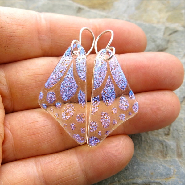 DICHROIC EARRINGS Translucent Blue Butterfly Wings Hand Etched Fused Glass with Sterling Silver Hooks