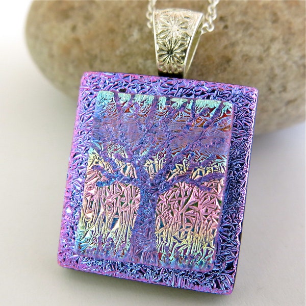 Dichroic Glass Pendant Purple Pink Rainbow 3D Hand Etched Tree includes Necklace