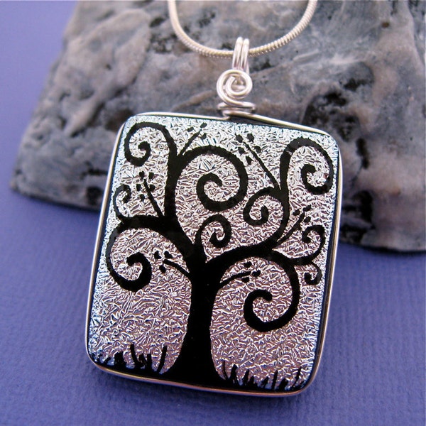 Hand Etched Dichroic Glass Pendant Silver Swirling Tree of Life