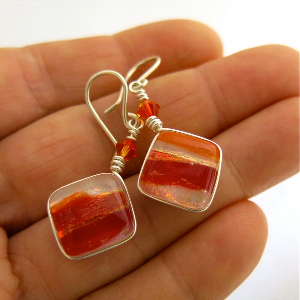 Dichroic Glass Earrings 'Red Orange & Cream' with Handmade Sterling Silver Hooks
