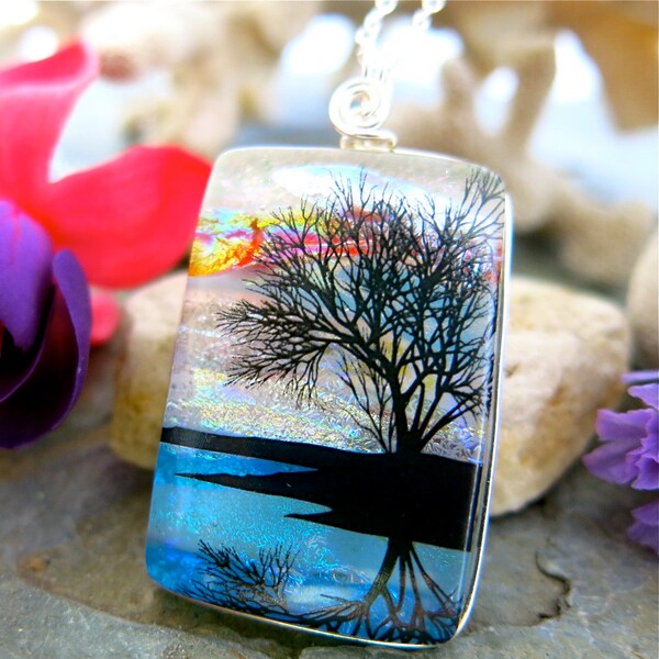 Tree Reflection Dichroic Glass Pendant Necklace, Stunning Multilayered Fused Glass