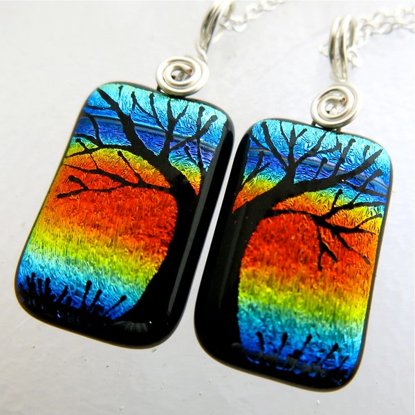 BFF TWO Tree Pendants - Hand Etched Dichroic Glass Art Best Friends Matching Set