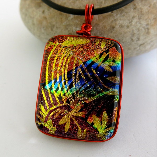 Fabulous Dichroic Pendant , Warm Red Rainbow Wire Wrapped Fused Glass Jewelry