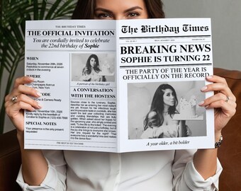 Newspaper Birthday Invitation Template, Breaking News Party Invite, Editable Photo Evite, Canva Digital Download