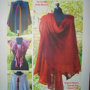 May include: A knitting pattern book for infinity capes and ruffled scarves using bulky yarn and 9.0 mm needles. The book cover features three different knitted garments: a rainbow cape, a red cape, and a light blue cape.
