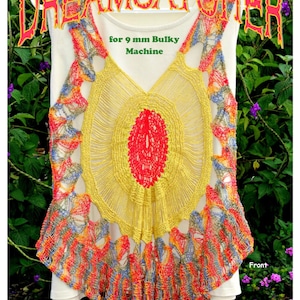 May include: A colorful crochet top with a large oval design in the center. The top is made for a 9 mm bulky machine and is called "Dreamcatcher".