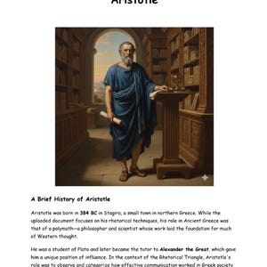 Könnte beinhalten: Ein Bild von Aristoteles in einer Bibliothek, in einem blauen Gewand und mit einer Schriftrolle. Der Text "Aristotle" steht oben, darunter eine kurze Geschichte.
