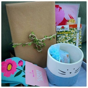 May include: A gift box with a brown paper wrapping, a green leafy bow, and a blue and white cat-shaped mug. The box also contains a pair of blue and pink flower socks, a small bag of chamomile tea, and a pink and white seed packet.