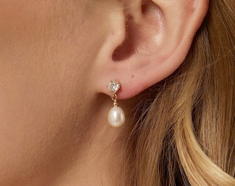 Diamond Pearl Stud Earrings,Dainty Freshwater Pearl Earrings,Gold Minimalist Drop Earrings,Bridal Earrings,Wedding Earrings,Bridesmaid Gifts