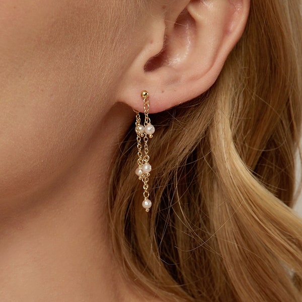 Tiny Pearl Earrings,Gold Chain Earrings,Dainty Pearl Drop Earrings,Huggie Hoops,Simple Bridal Earrings,Wedding Earrings,Elegant Earrings