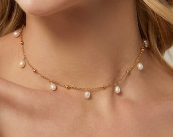 Teardrop Pearl Neckalce,Gold Breaded Necklace,Pearl Drop Necklace,Gold Choker,Summer Necklace,Bridal Neckalce,Pearl Jewelry,Wedding Necklace